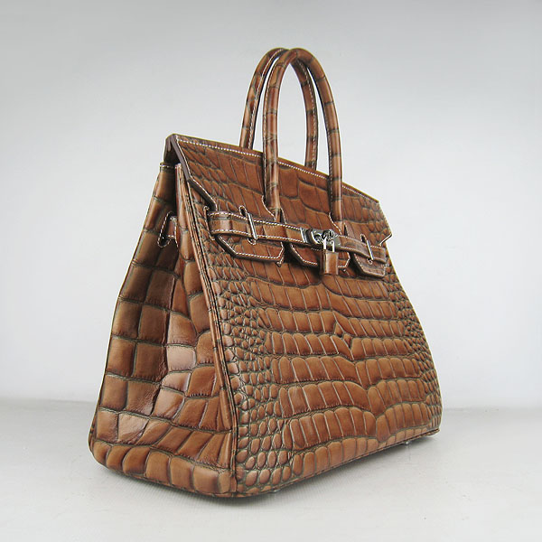 High Quality Fake Hermes Birkin 35CM Crocodile Veins Leather Bag Light Coffee 6089